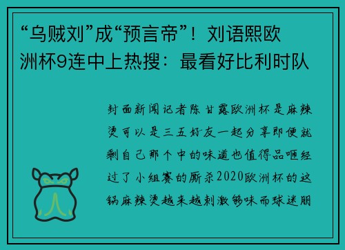 “乌贼刘”成“预言帝”！刘语熙欧洲杯9连中上热搜：最看好比利时队