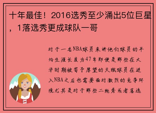 十年最佳！2016选秀至少涌出5位巨星，1落选秀更成球队一哥