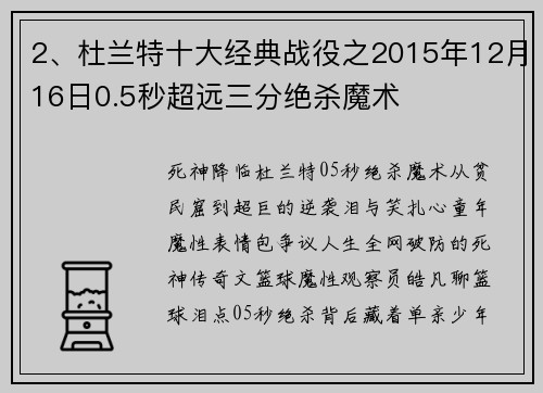 2、杜兰特十大经典战役之2015年12月16日0.5秒超远三分绝杀魔术