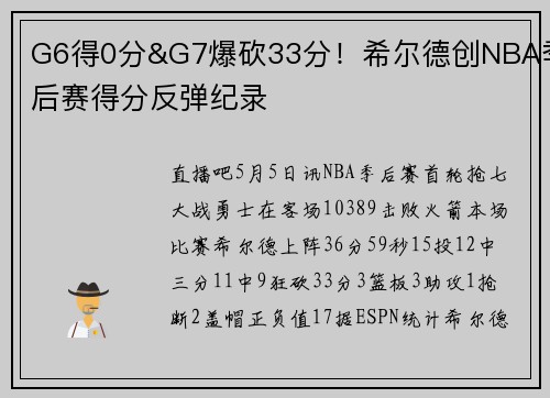 G6得0分&G7爆砍33分！希尔德创NBA季后赛得分反弹纪录